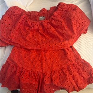 Women’s  Off the Shoulder Red Eyelet Shorts Romper